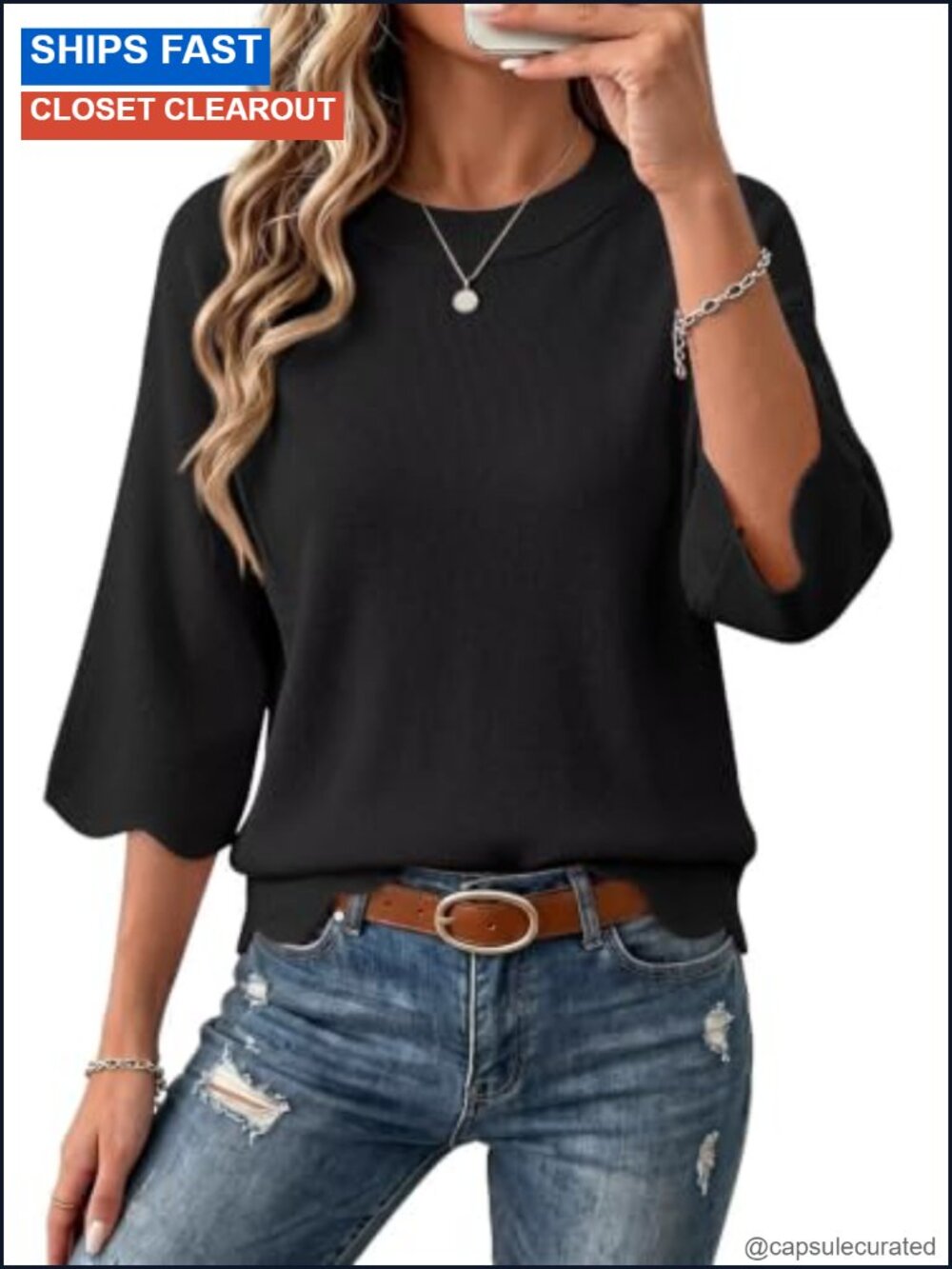 Women's 3/4 Sleeve Crewneck Scalloped Hem Knit Top